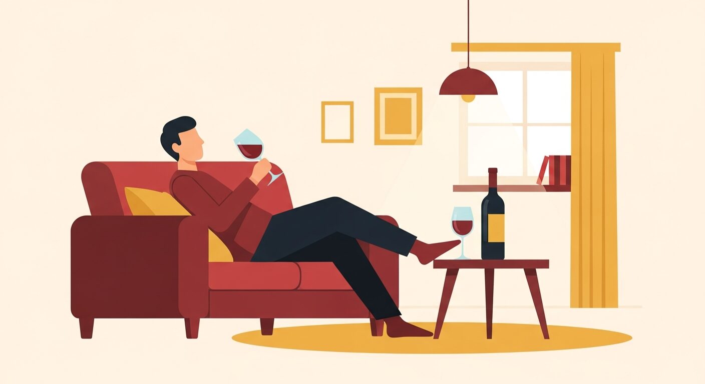 ひとり宅飲みワインを楽しむ様子のイラスト
