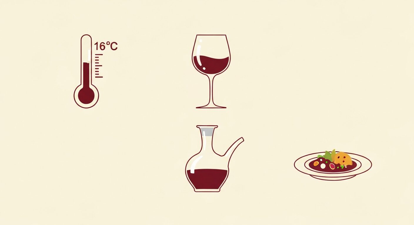 赤ワインを美味しく飲む4つのコツを示したフラットイラスト(温度計・グラス・デキャンタ・料理のアイコン)。日本語テキストのみ