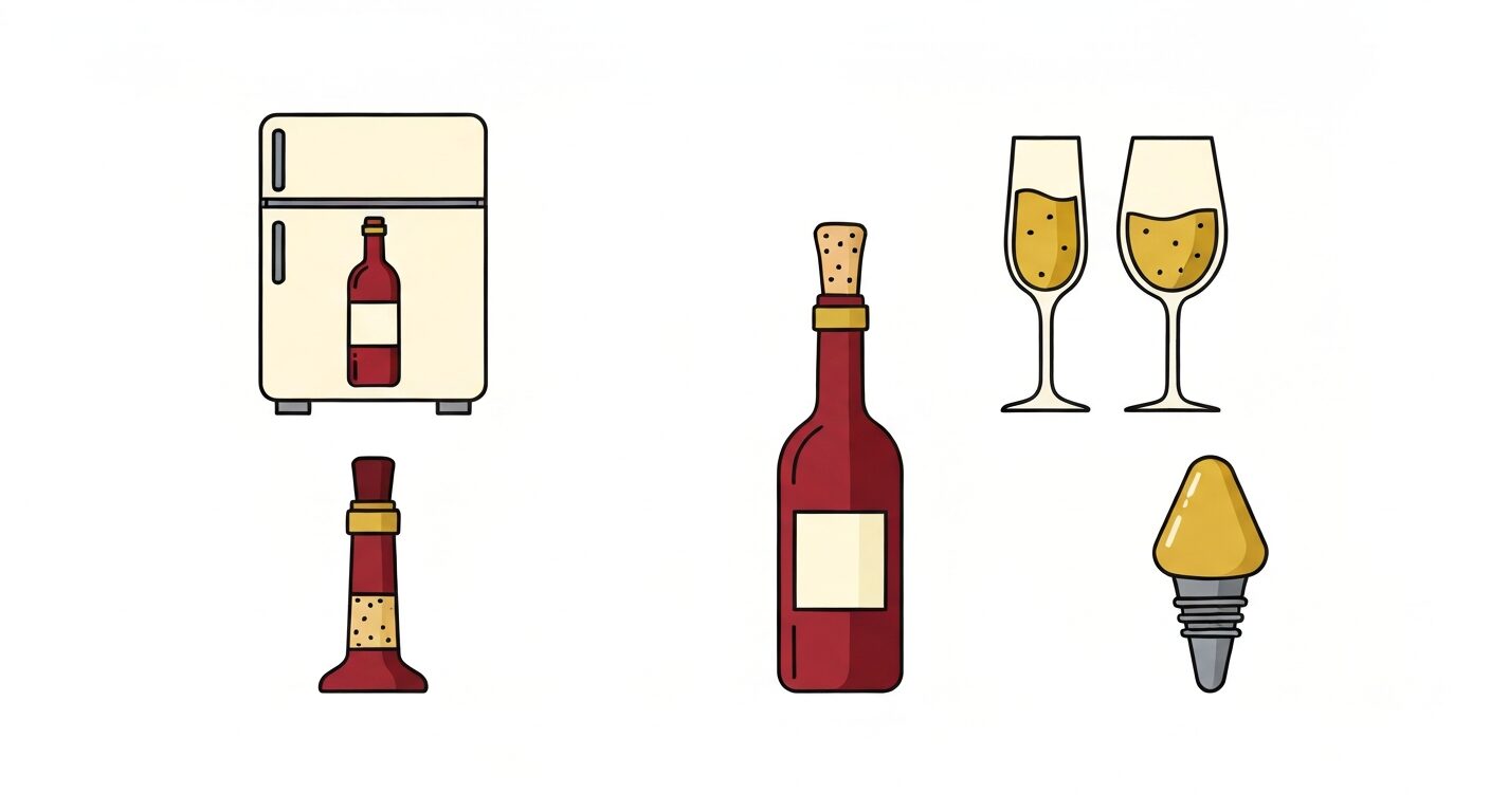 スパークリングワインを美味しく飲む4つのコツのフラットイラスト。冷蔵庫・フルートグラス・コルクの開け方・ワインストッパーのアイコン。テキストなし