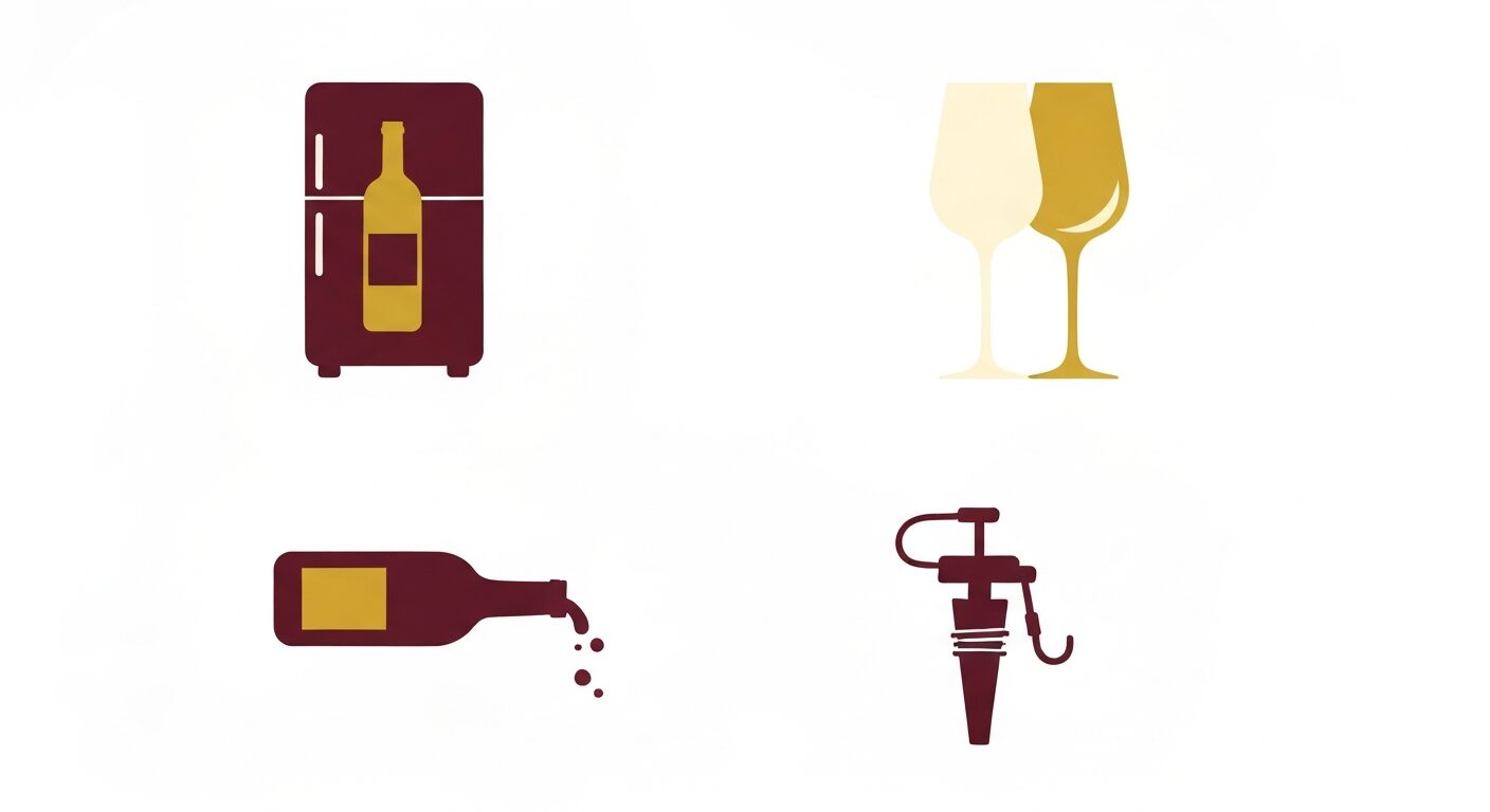 白ワインを美味しく飲む4つのコツのフラットイラスト。冷蔵庫・ワイングラス・ボトル・ワインストッパーのアイコン。テキストなし