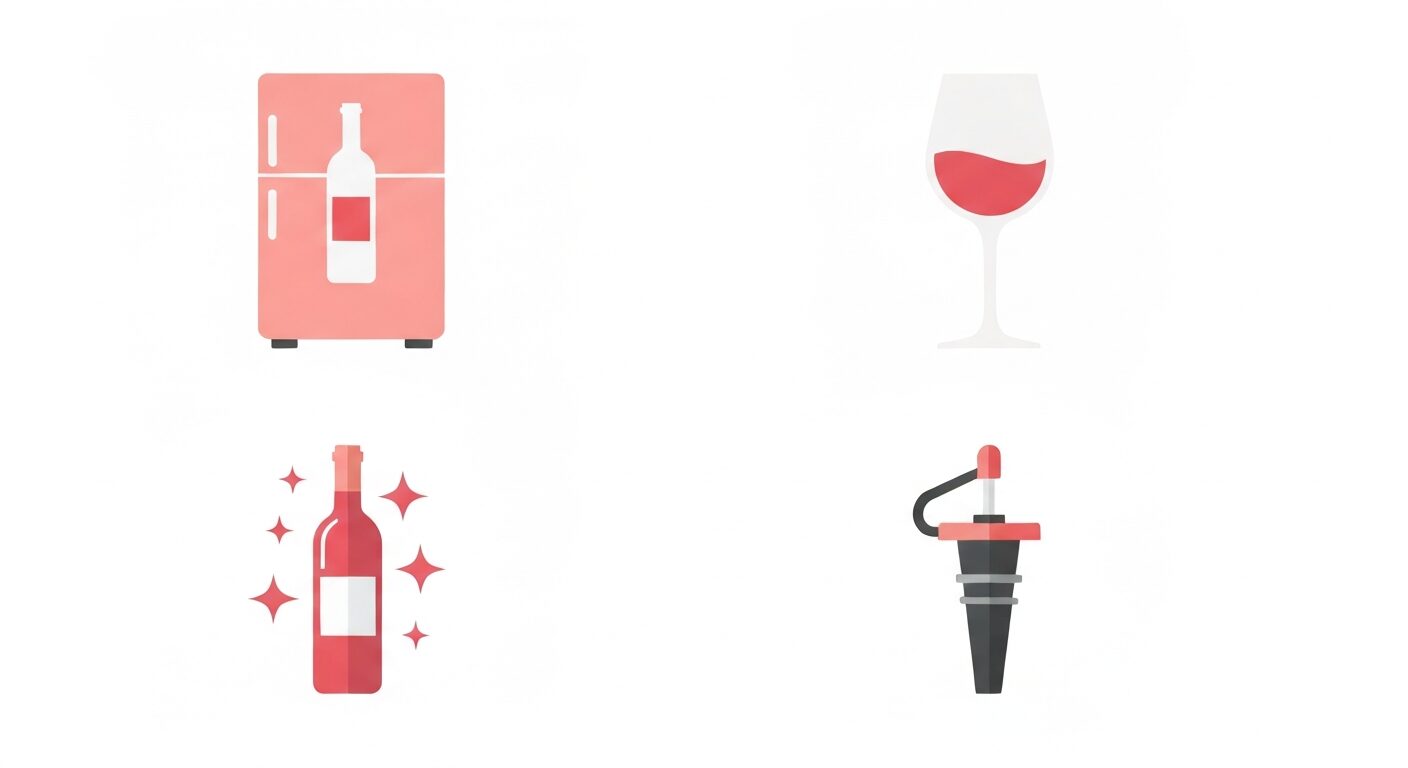 ロゼワインを美味しく飲む4つのコツのフラットイラスト。冷蔵庫・グラス・ボトル・ストッパーのアイコン。テキストなし