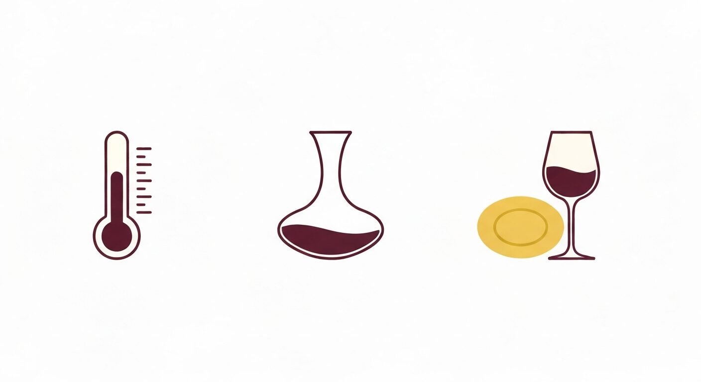 安いワインを美味しく飲む3つのコツのフラットイラスト。温度計・デカンタ・料理と合わせるアイコン。テキストなし