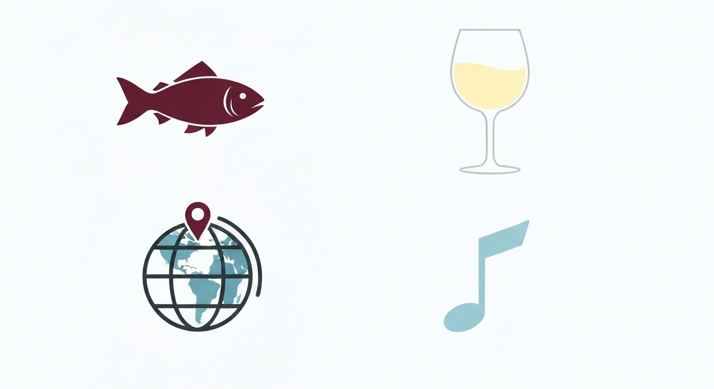 魚料理とワインのペアリング基本ルールを示すフラットアイコン。魚・白ワイングラス・産地地図・音符の4アイコン