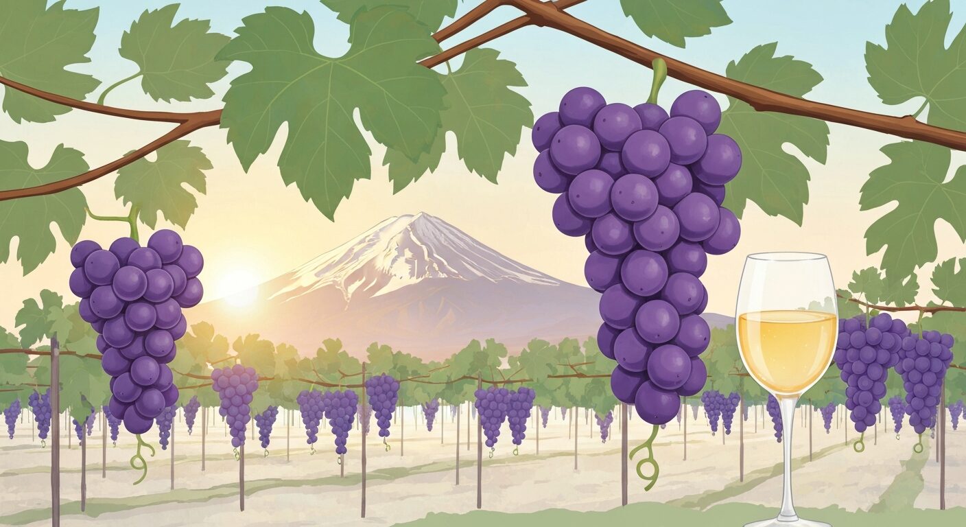 甲州ブドウと山梨ワイナリーの風景。山梨の葡萄畑と甲州ワインのボトル