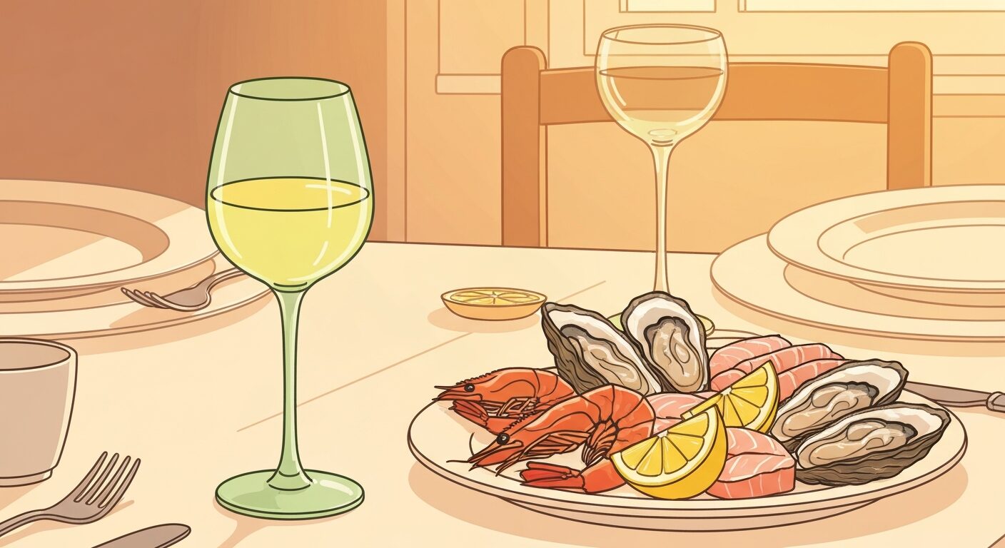 ヴィーニョヴェルデと魚介料理のペアリングシーン