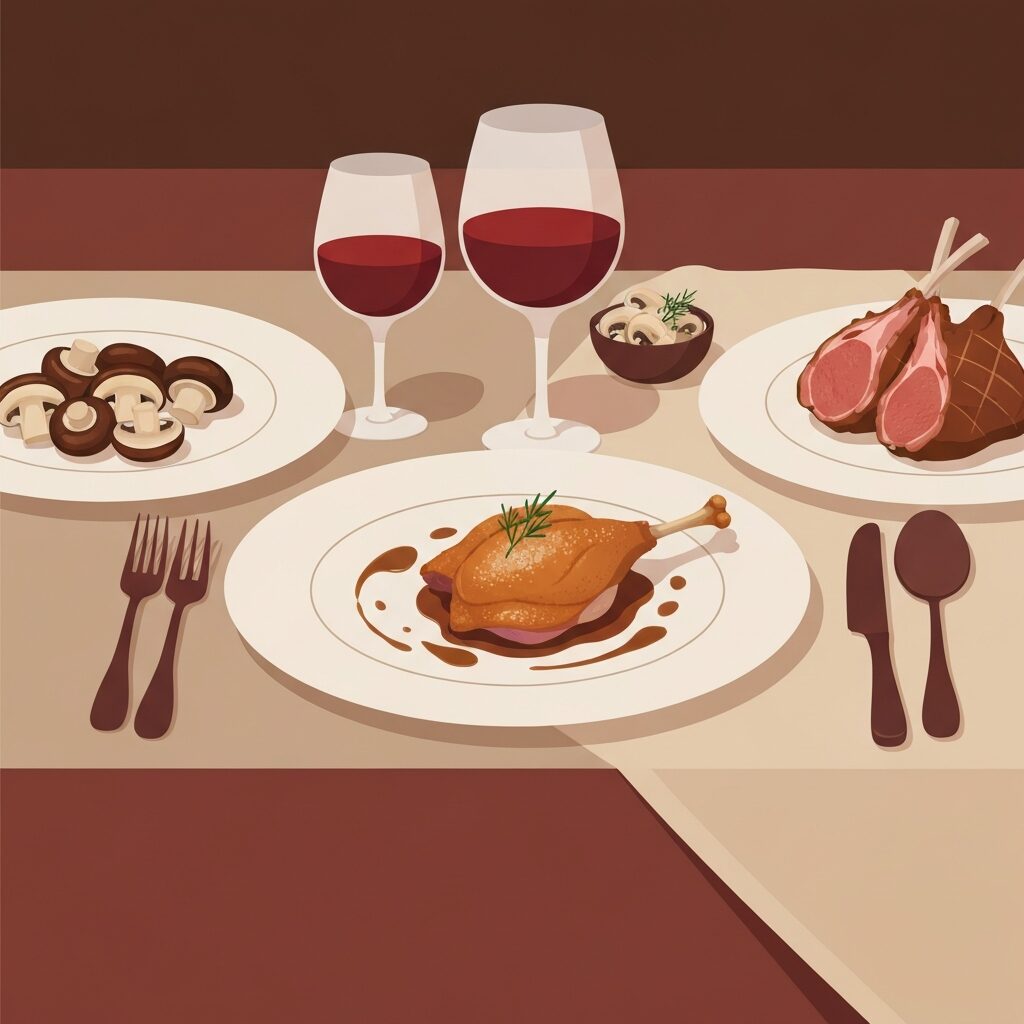 ヴォーヌ・ロマネのペアリング料理（鴨のコンフィ・松茸）