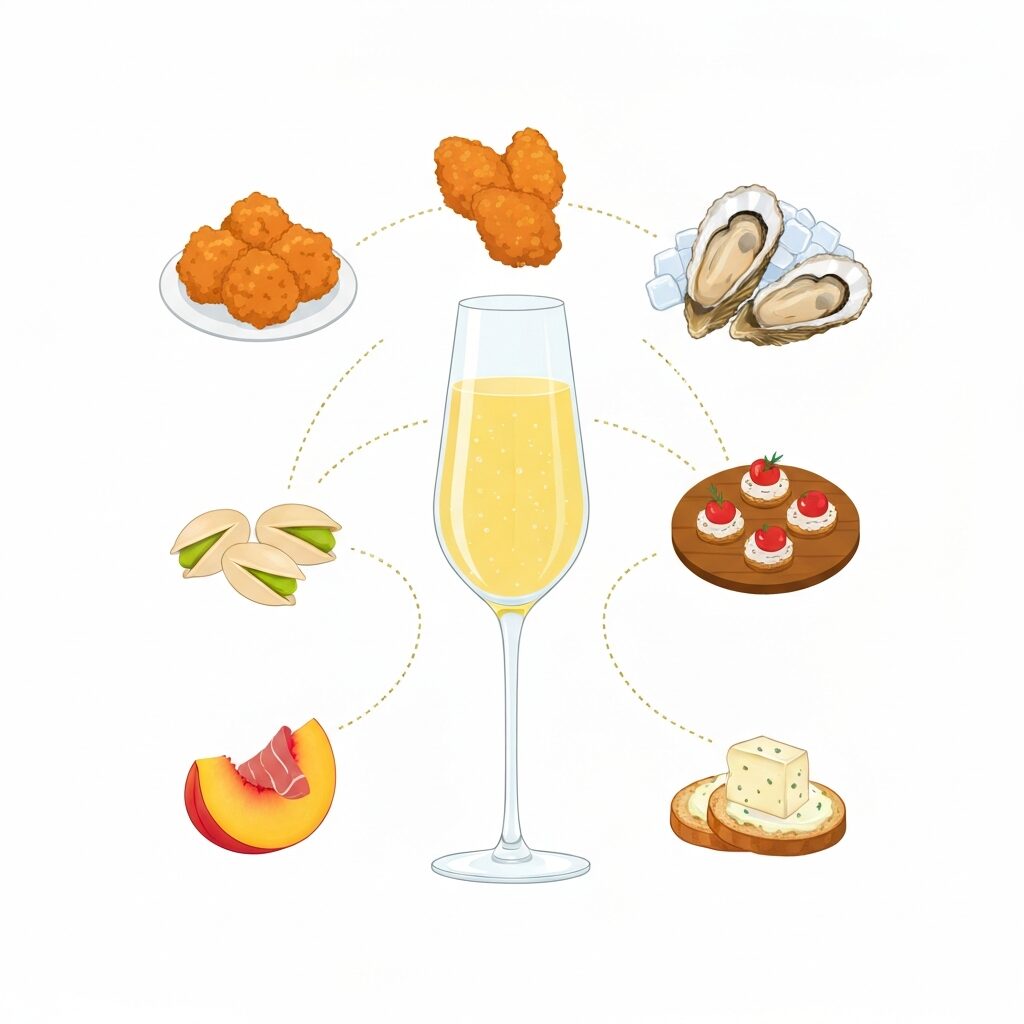 プロセッコに合う料理のペアリング図解（唐揚げ・牡蠣・チケッティ）