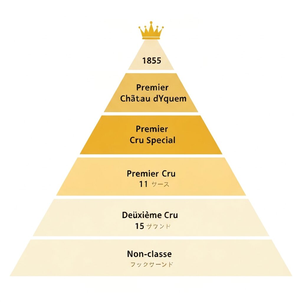 ソーテルヌ1855年格付けピラミッド（特別第1級シャトー・ディケム・第1級11社・第2級15社）